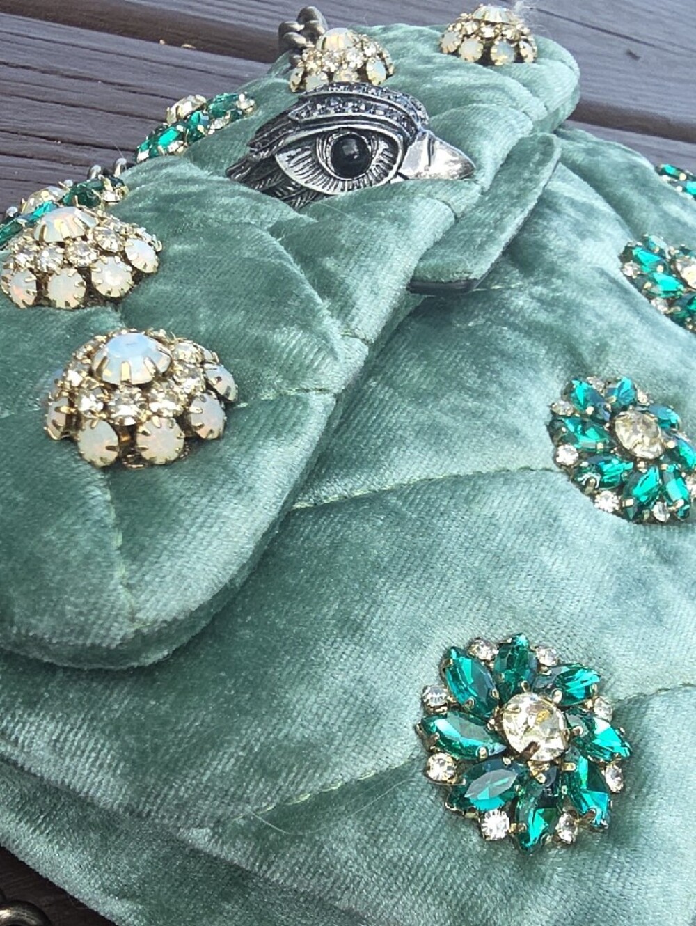 Kurt Geiger Embellished Quilted Green Velvet Shoulder Bag - Picture 8 of 16